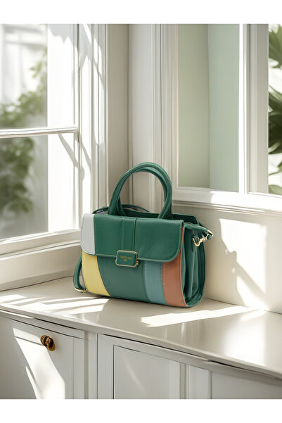 Generic Pastel Color Block PU Leather Handbag – Stylish Women’s Tote with Top Handle & Crossbody Strap