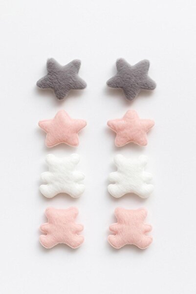 Magu Girl's Plush Star & Teddy Bear Buckle Set of 8 – Gray, Pink, and White