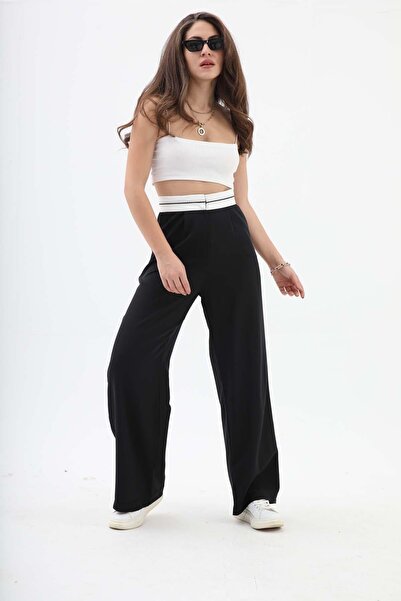 VELİZADE بنطلون قماشي عريض الساقين ذو خصر عالٍ بنطلون واسع الأرجل مع تفاصيل و...