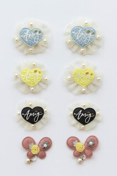 Magu Girl's Pearl Detailed Heart & Butterfly Buckle Set of 8 – Blue, Yellow, Black