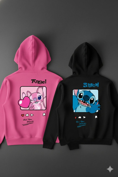 NİCE Dear Couple Combination Stitch and Angel Back Printed Design Hooded Sweatshirt Set of 2