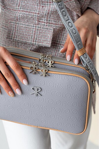 Çanta Trend Polo of Colors Gray Women's 6 Compartment Crossbody Bag with Adjustable Long Strap