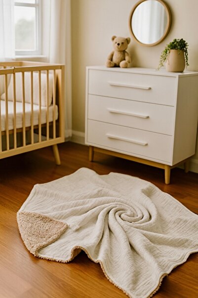 Heianmono Kids Caramel and Cream Color Double-Sided Muslin Sheep Hair Baby Blanket (100X120 cm)