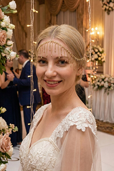 Hayalperest boncuk Gold Color Crystal Stone Tassel Bridal Headpiece – Stylish Headpiece Model for Evening Dresses and Engagement
