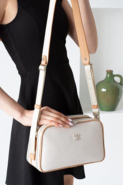 Çanta Trend Polo of Colors Women's Cream Camel 5-Compartment Adjustable Long Strap Shoulder Bag.