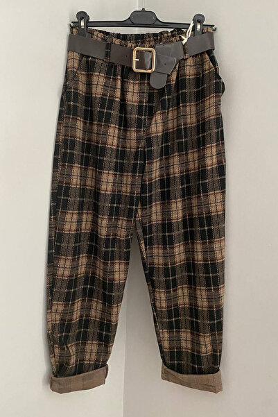 AYASOFYA OTANTIK Women's Italian Cappuccino Color Elastic Waist Belted Woodcutter Patterned Side Pocket Trousers