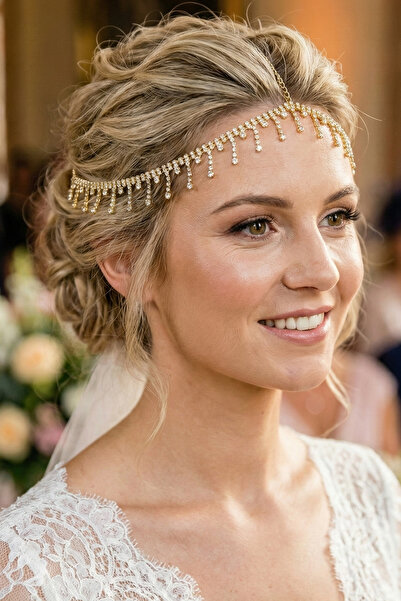 Hayalperest boncuk Gold Color Tassel Detailed Evening Dress Bride Headpiece Princess Style Chain Hair Accessory