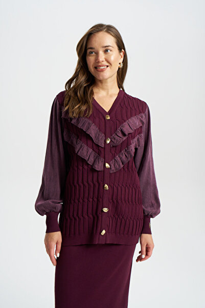 Niliwi 3097 V Yaka Fırfırlı Saç Örgü Hırka