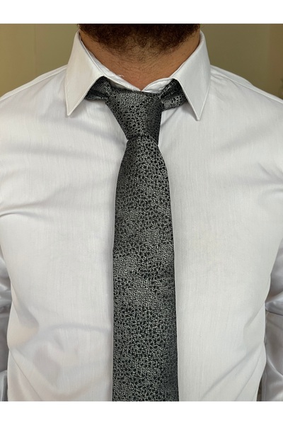 İpek Gri Siyah Desenli Mendilli Kravat