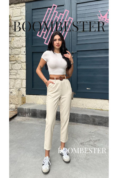 BoomBester Women's Linen Elastic Waist Carrot Cut Trousers