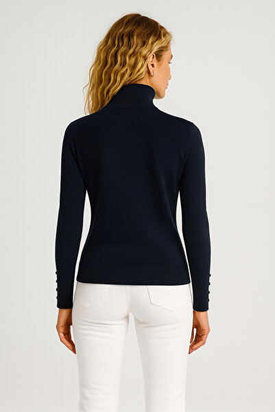 VENA Women's Janna Half Fisherman Sleeve Buttoned Knit Sweater - Navy Blue