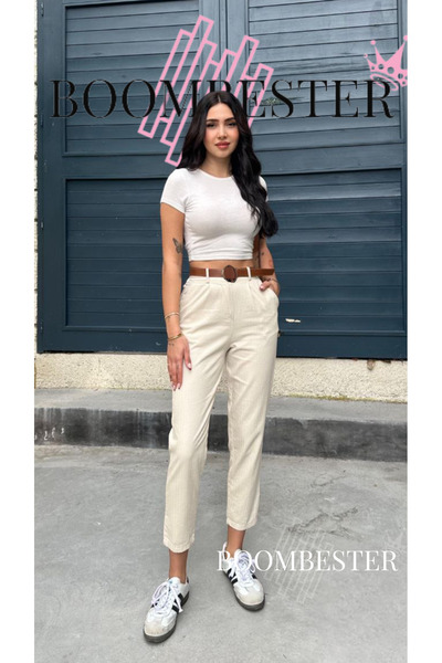 BoomBester Women's Linen Elastic Waist Carrot Cut Trousers