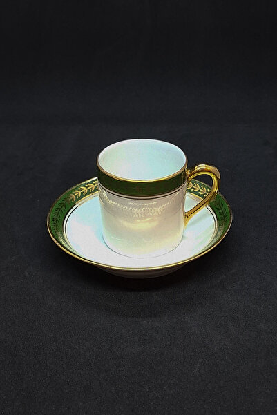 Fransız Limoges فنجان قهوة تركي من البورسلين مع صحن من إيميل دي ليموج بخطوط خضراء/ذهبية سعة 90 مل