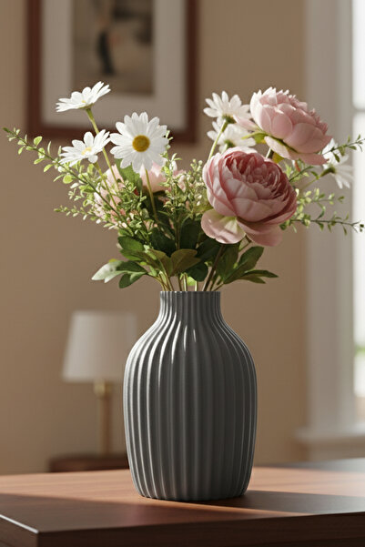 MEK Κλασικό ριγέ διακοσμητικό πλαστικό βάζο γκρι (20x13,5 εκ.)