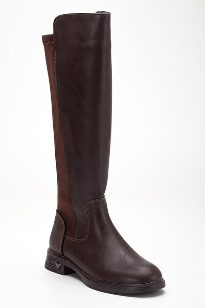 Dilimler Ayakkabı Brown Women's Boots Flat Sole Stretch Zippered