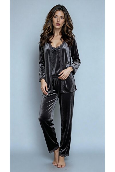 MAY Homewear طقم بيجامة فرنسي مستورد من الدانتيل المخملي بتفاصيل دقيقة وأكمام طويلة مع حمالة صدر