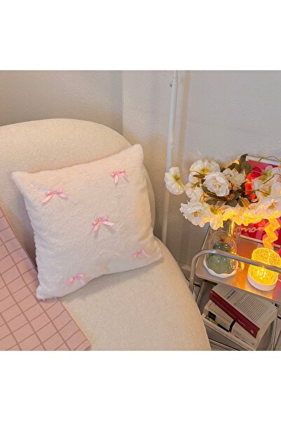 PİNKUE Home Double-Sided Plush Gingham Bow Throw Pillow 40X40 cm – Zippered C...