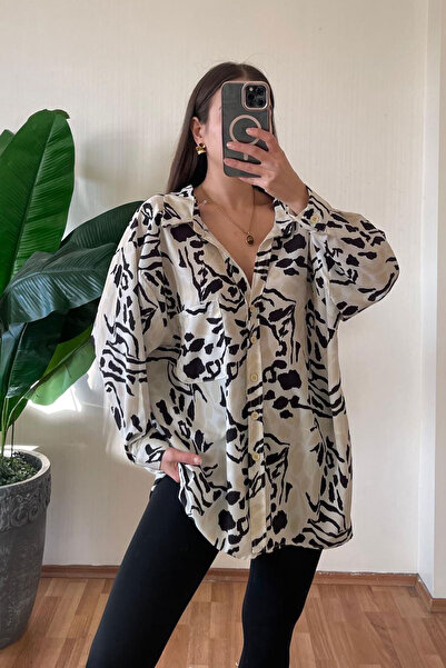 Nazline Women's Patterned Oversized Long Basic Shirt