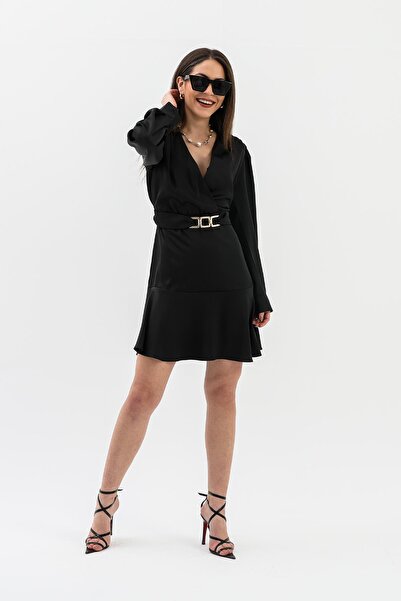 VELİZADE Rochie de seară mini, neagră, cu aspect de satin, cu cataramă metali...