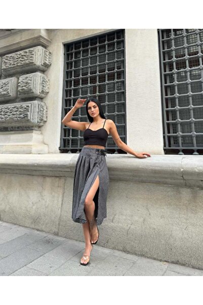 aytenli High Waist Half Belt Detailed Gipeli Front Openable Hidden Buttoned Slit Below Knee Plaid Skirt