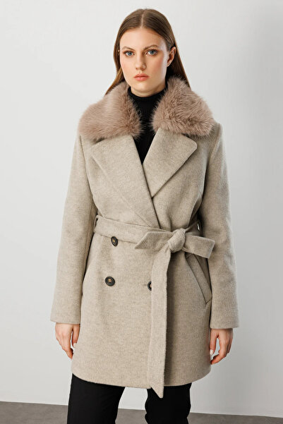 Ekol Large Size Coat with Fur Collar-6333