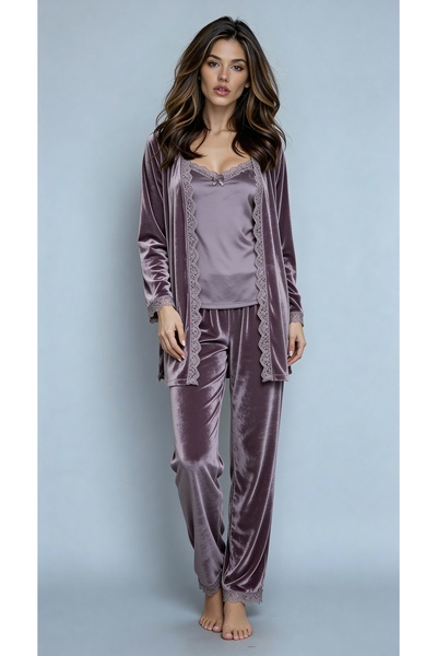 MAY Homewear طقم بيجامة فرنسي مستورد من الدانتيل المخملي بتفاصيل دقيقة وأكمام طويلة مع حمالة صدر