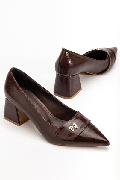 Dilimler Ayakkabı Brown Plus Size Women's Heeled Shoes Patent Leather Chunky ...
