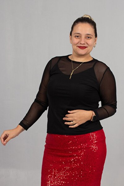 Truva XXL Black Plus Size Tulle Blouse and Strap Tank Top Two-Piece Set - Timeless Elegance