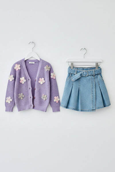 Neva Baby Boutique Girl's Lilac 3D Floral Knitted Cardigan and Pleated Mini B...