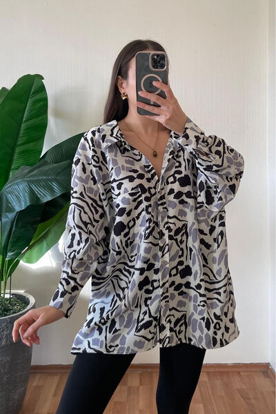 Nazline Women's Patterned Oversized Long Basic Shirt