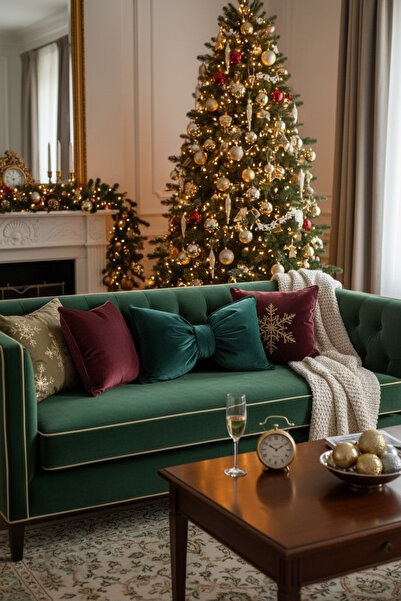 JACA XXL Velvet Fabric Pillow Christmas New Year Party Themed Bowknot Appearance Decorative Throw Pillow Set