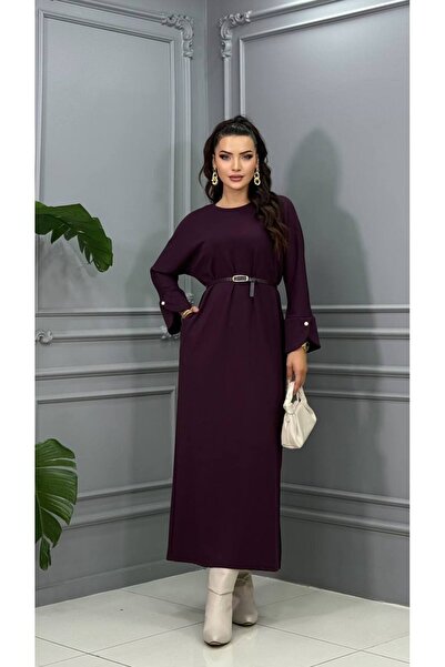 Genesis cannes فستان طويل أرجواني اللون بأكمام طويلة وأربطة على الأكمام وحزام