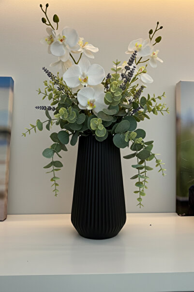 MEK Çizgili Dekoratif Modern Plastik Vazo Siyah (24x14cm)