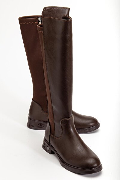 Dilimler Ayakkabı Brown Women's Boots Flat Sole Stretch Zippered