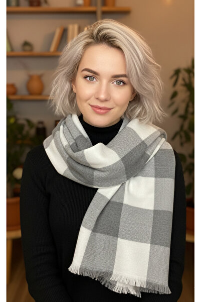 la_hatun Gray Plaid Striped Shoulder Shawl 70X200 cm