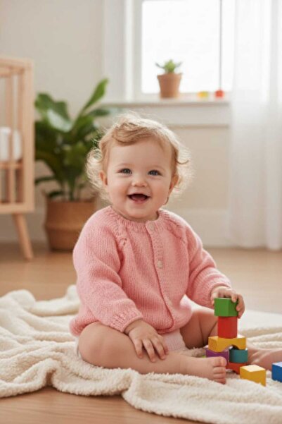 Tokuşka 1-2 Years Old Knitted Salmon Color Baby Girl Cardigan