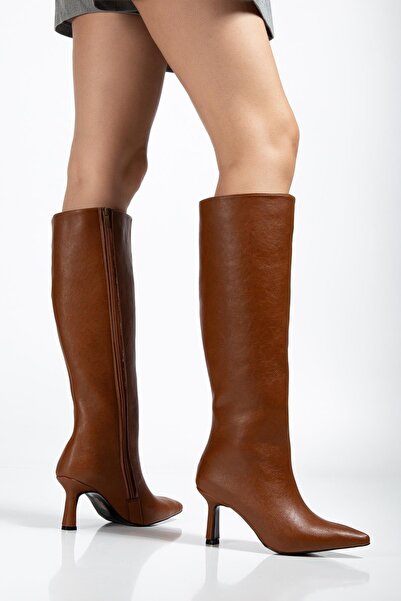 Dilimler Ayakkabı Women's Boots Tan Thin Heeled Faux Leather Pointed Toe