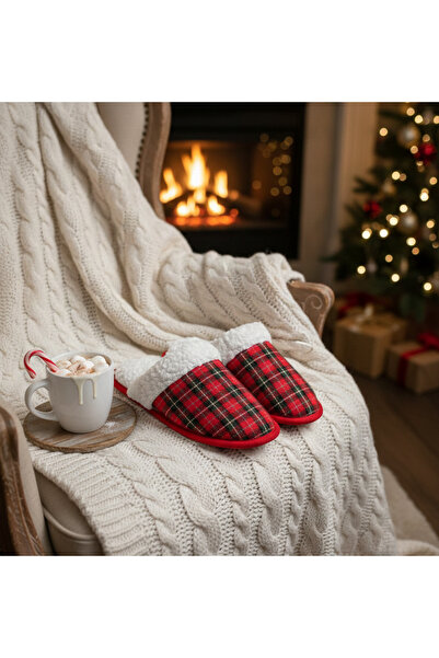 Lesia Cozy Yılbaşı Temalı Kırmızı Kareli Yumuşak Ev Terliği