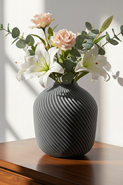 MEK Vază decorativă rotundă din plastic cu dungi spiralate gri (19x18,5cm)