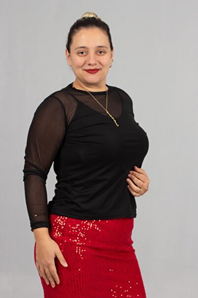 Truva XXL Black Plus Size Tulle Blouse and Strap Tank Top Two-Piece Set - Timeless Elegance