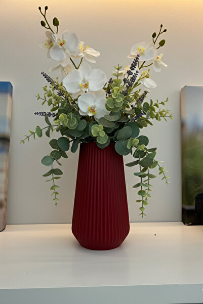 MEK Декоративна модерна пластмасова ваза с ивици, червена (24x14 см)