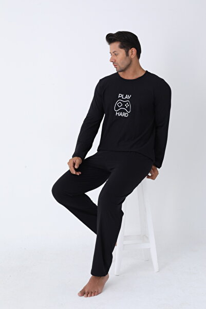 Moonzer Set de pijamale pentru bărbați, cu mânecă lungă, din bumbac, negru, Play Hard cu imprimeu