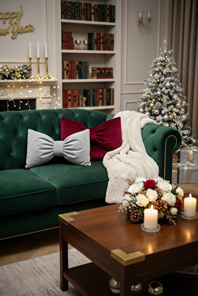 JACA Set of 2 Christmas New Year Party Themed Velvet Fabric Bow Appearance Pillow Cushion Set (2 Pieces)
