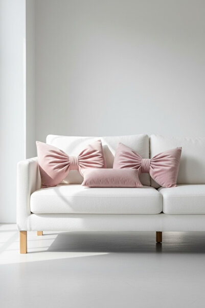JACA Bowknot Appearance Velvet Fabric Decorative Inner Filled Ribbon Pillow Cushion Set (3 Pieces)