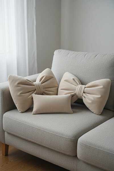 JACA Bowknot Appearance Velvet Fabric Decorative Inner Filled Ribbon Pillow Cushion Set (3 Pieces)
