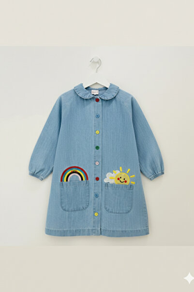 Neva Baby Boutique Kız Çocuk Bebe Yaka Gökkuşağı Güneş İşlemeli Cepli Denim E...