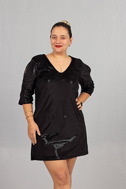 Truva XXL Luxury Velvet Fish Scale Pattern Plus Size Black Dress