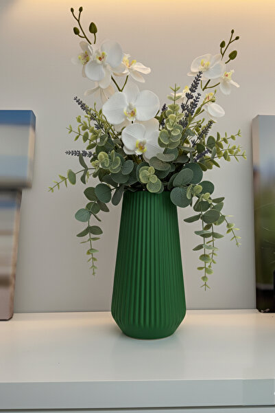 MEK Çizgili Dekoratif Modern Plastik Vazo Yeşil (24x14cm)