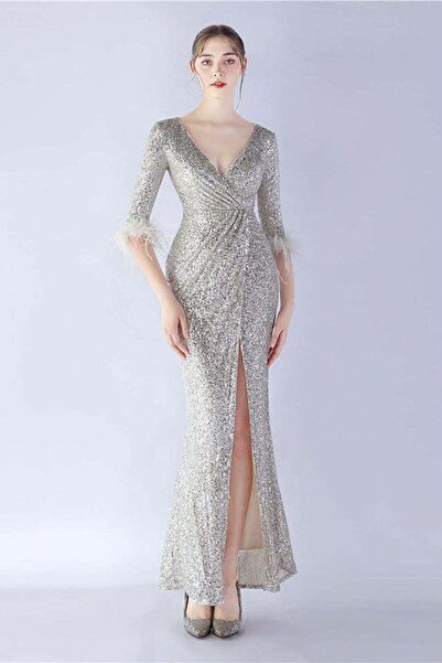 kermiş TREND otriş detaylı pullu yırtmaçlı abiye elbise