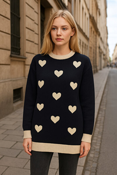 ASG TEKSTİL Women - Oversized Regular Fit Black Color Heart Patterned Knitwea...